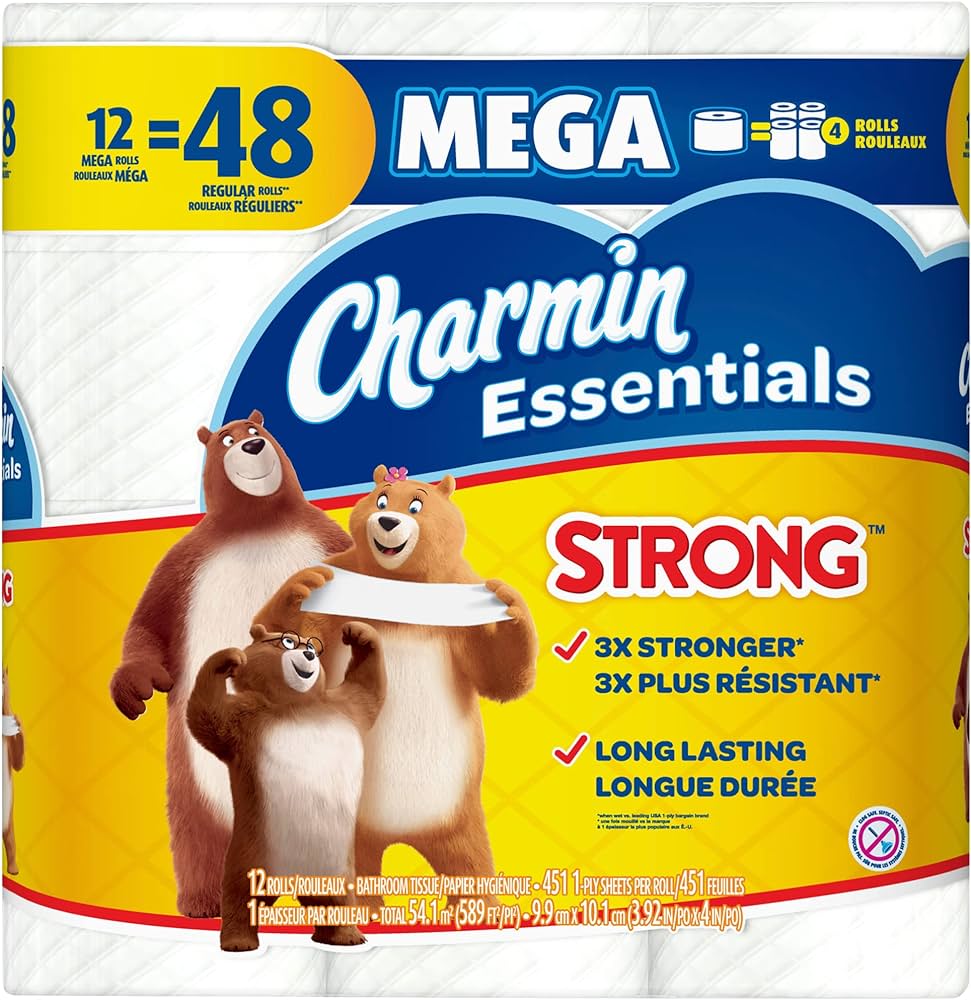 baby powder toilet paper Charmin essentials strong toilet paper 12 mega rolls, 451 sheets per