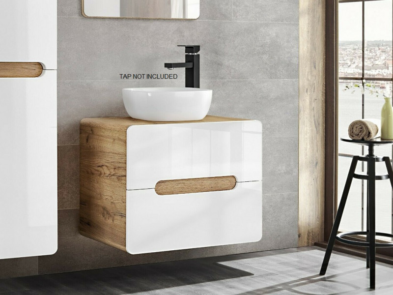 bathroom sink cabinet oak Modern white gloss & oak bathroom countertop 60cm vanity cabinet sink