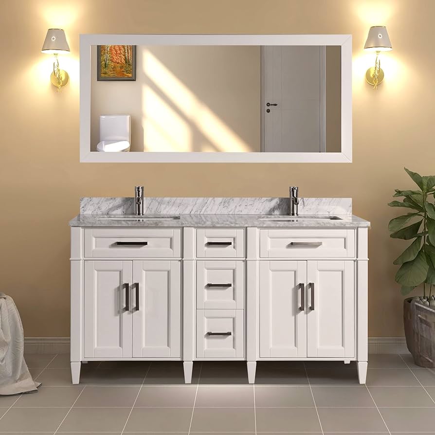 bathroom sink vanity with drawers Vanity sink bathroom double 60 mirror cabinet drawers combo under shelves marble carrara stone