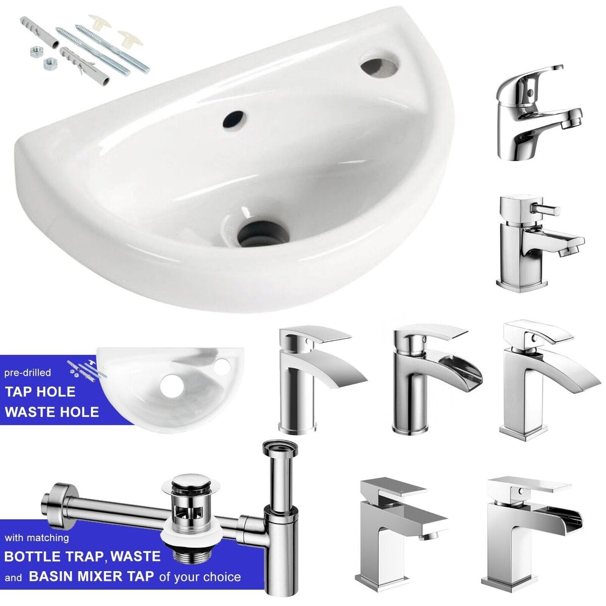 cloakroom sink with tap and waste Bathroom cloakroom wall hung basin sink with tap, waste and chrome