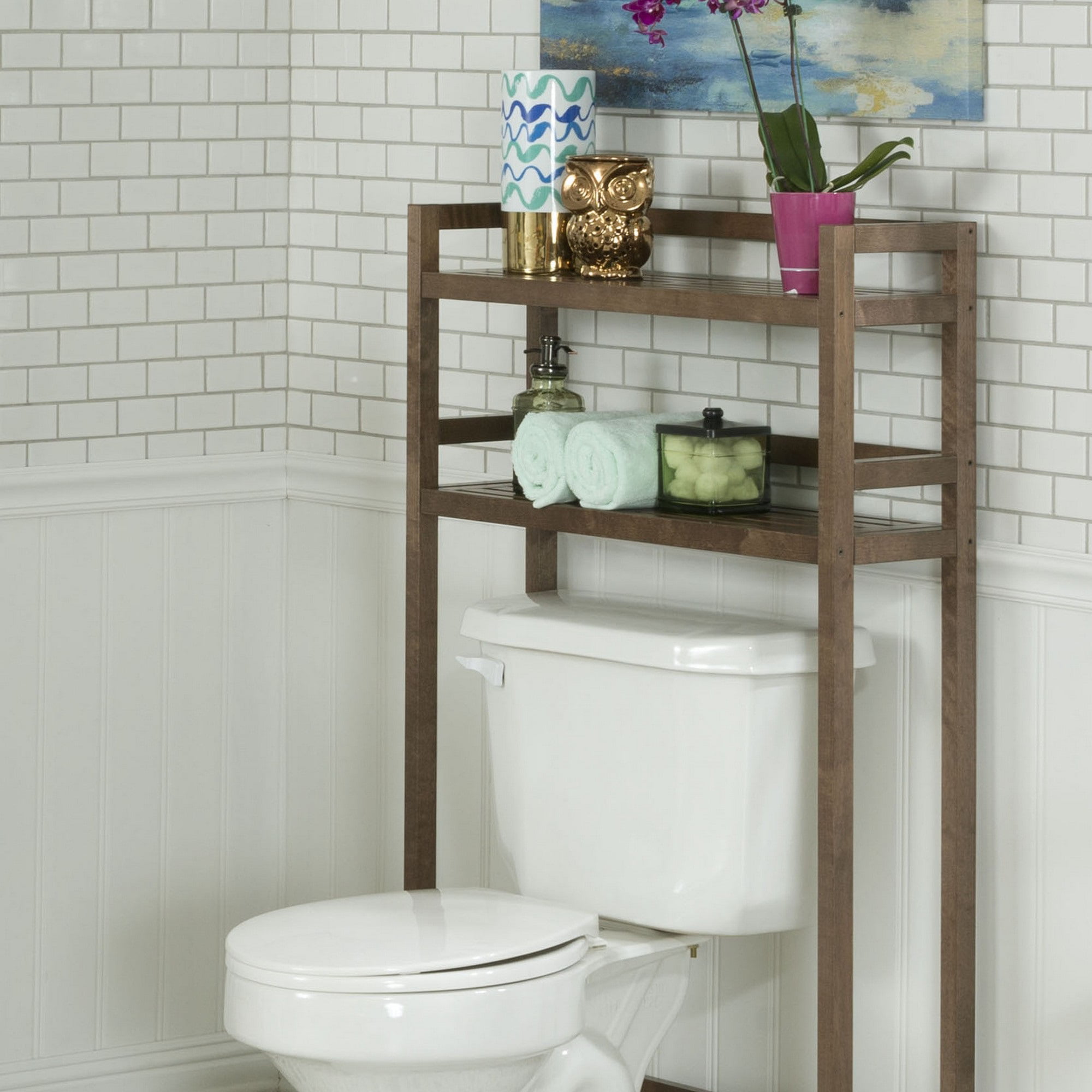 over the toilet storage gray wood Chestnut finish 2 tier solid wood over toilet organizer in 2021