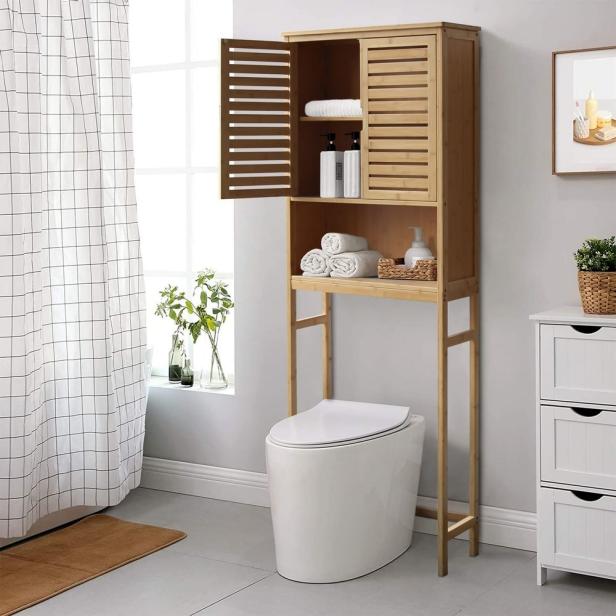 over the toilet storage with towel rack Toilet over storage extra space wall shelves bathroom cabinet above hative idea diy bath shelf decor cabinets commode tub hang