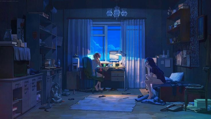wallpaper anime Two people sitting at a computer desk in a dark room with curtains on