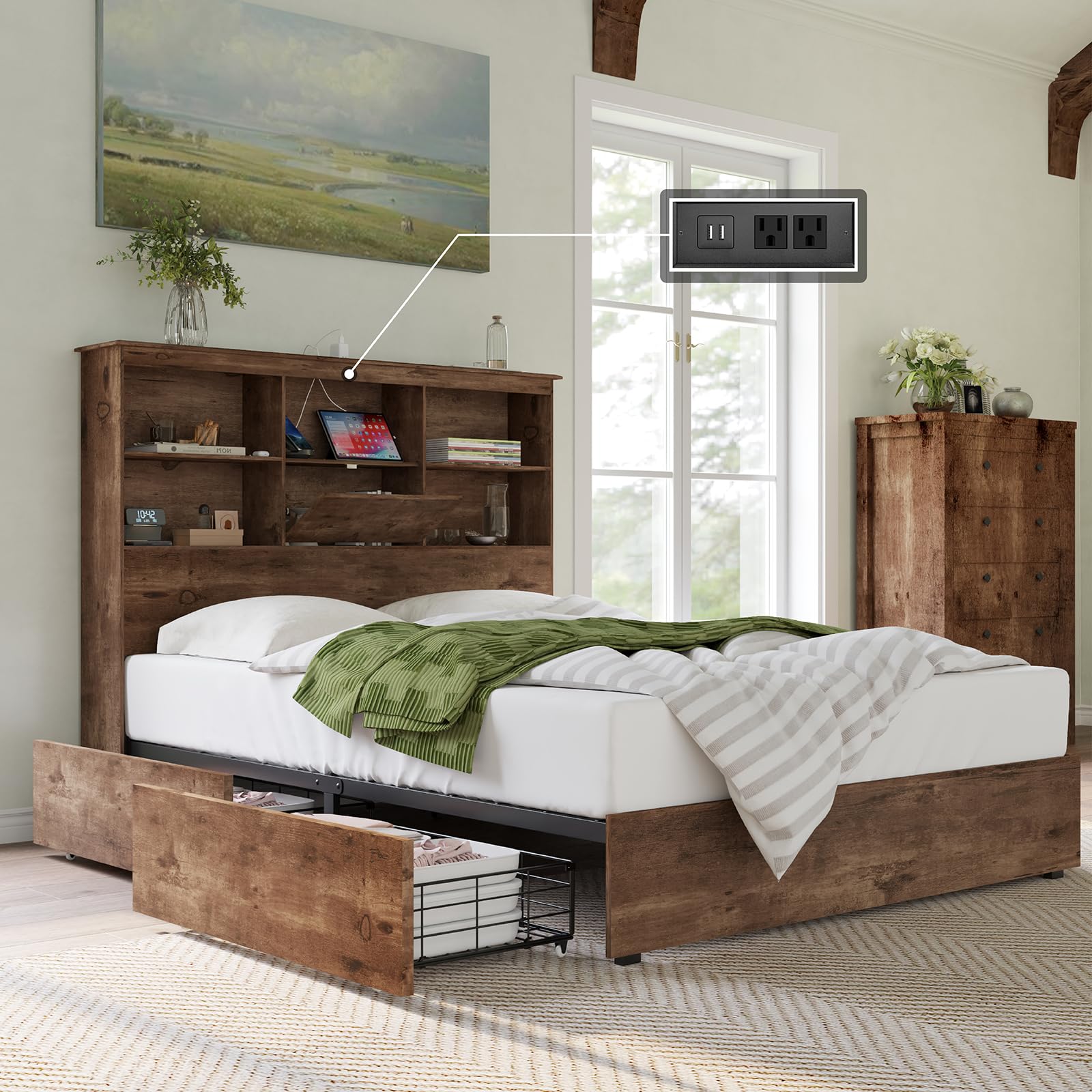 queen slotted bed frame with storage Wood bed frame queen with storage